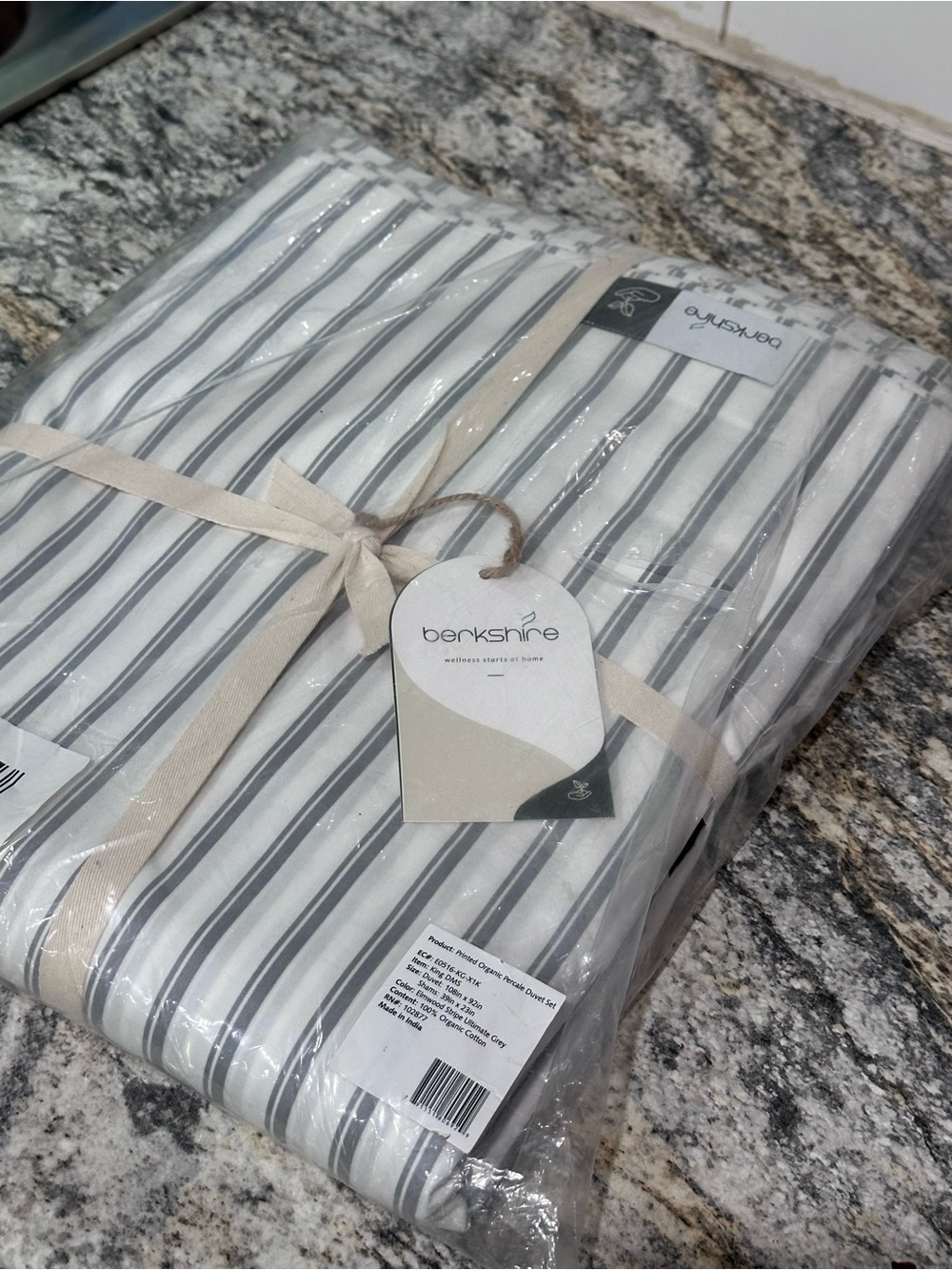 Berkshire King 100% Organic Cotton Percale Duvet Set Grey Stripe NWT